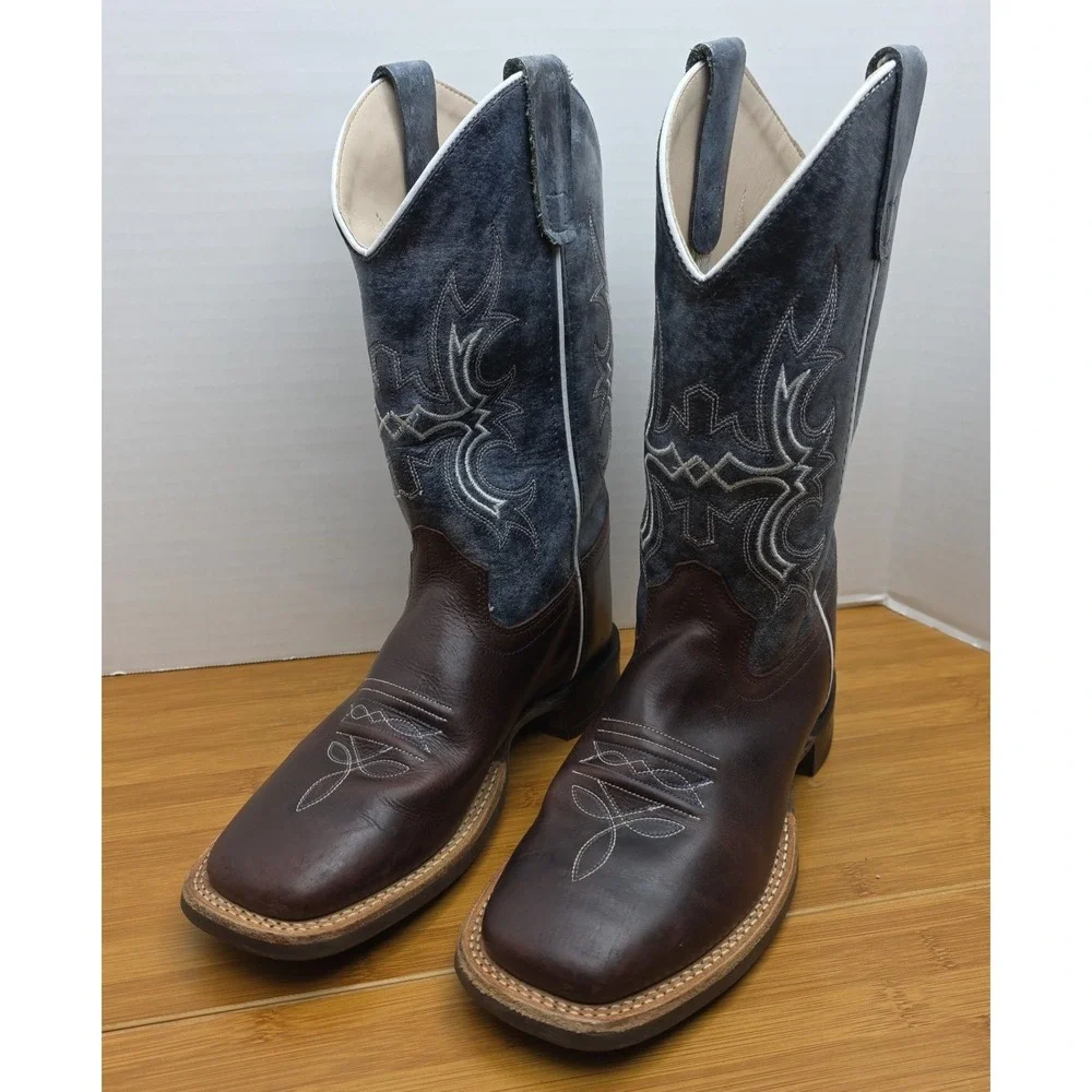 Old West Youth Unisex Broad Square Brown Blue Leather Cowboy Boots 1914 5D